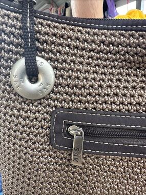 The Sak Brown Crocheted Shoulder Bag with Metal Accent